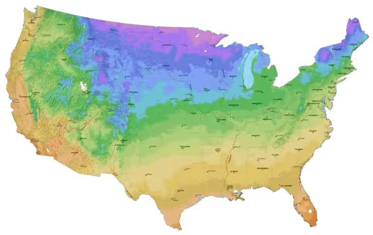 The USA national map showing the colored USDA hardiness zones.
