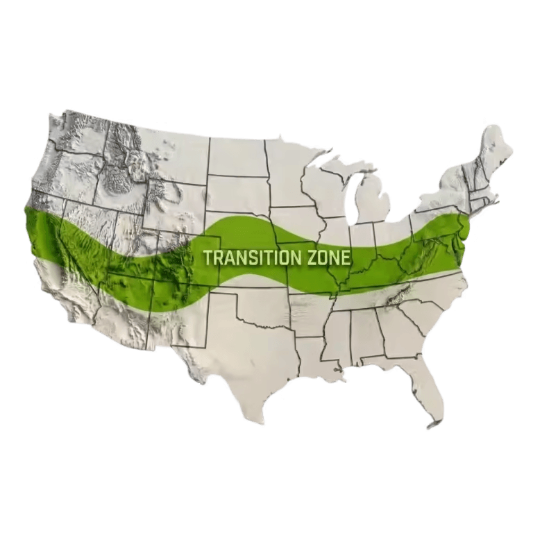 the-us-turfgrass-transition-zone-map A 3D relief map of the United States highlighting only the central Transition Zone with a green band stretching across the middle of the country, separating the uncolored northern and southern regions.