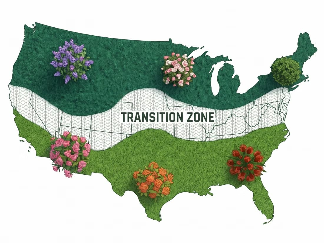 Illustrative map of the United States turfgrass transition zone showing the intersection of cool-season and warm-season lawn regions with clean textures and professional typography.