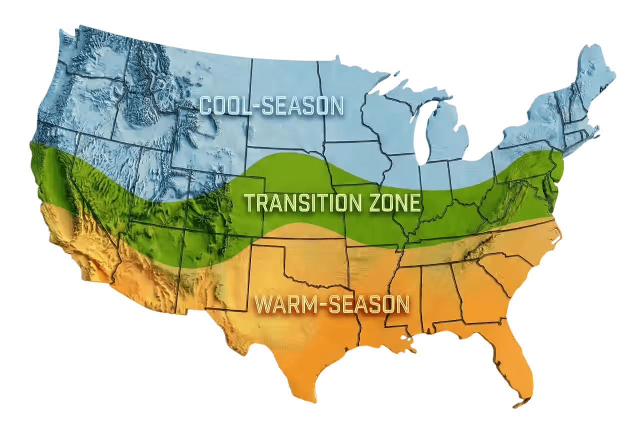 us-turfgrass-season-zones-map A 3D relief map of the United States illustrating the geographical boundaries for Cool-Season, Transition, and Warm-Season turfgrasses.