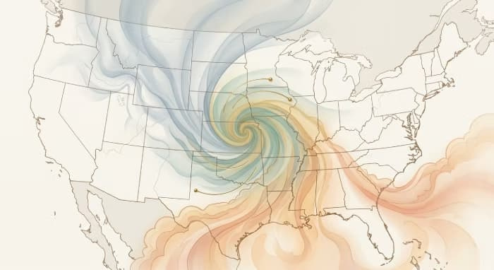 Clashing cold northern and warm southern air masses over illustrative US map.