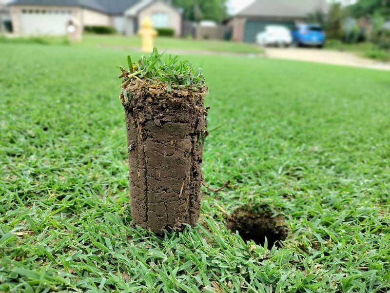 core-aeration-plug-pulled-from-lawn A core of soil and grass pulled from a lawn during aeration, standing upright next to the hole it left behind.