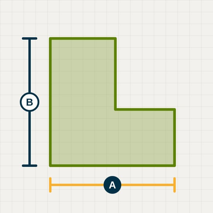 lawn-garden-area-calculator-home An L-shaped lawn on graph paper with two measurement lines marked A and B